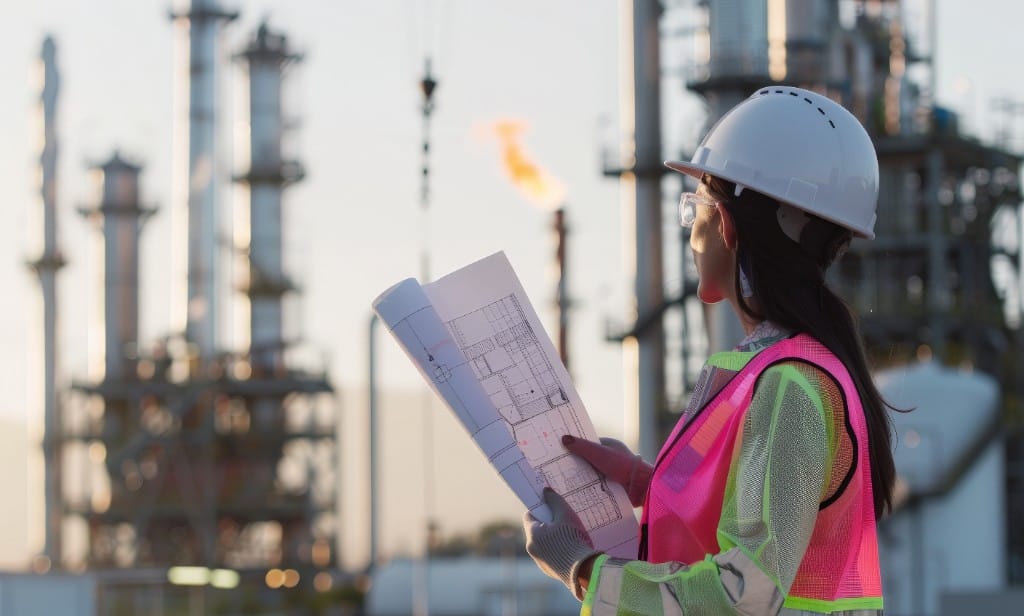 Ingegnere che revisiona disegni in un impianto industriale ATEX